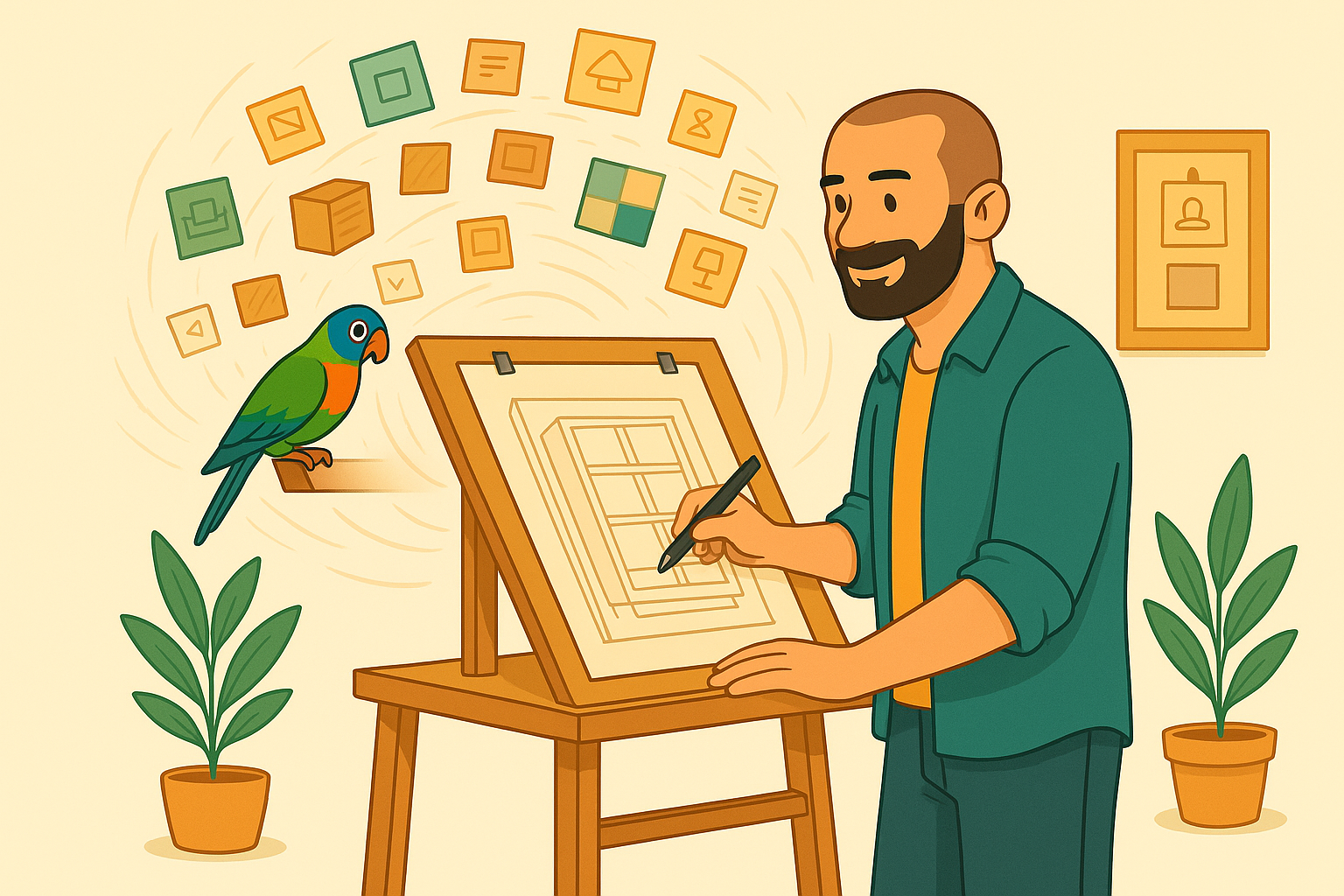 Designer refining furniture ideas on a tall drafting table with a lorikeet watching
