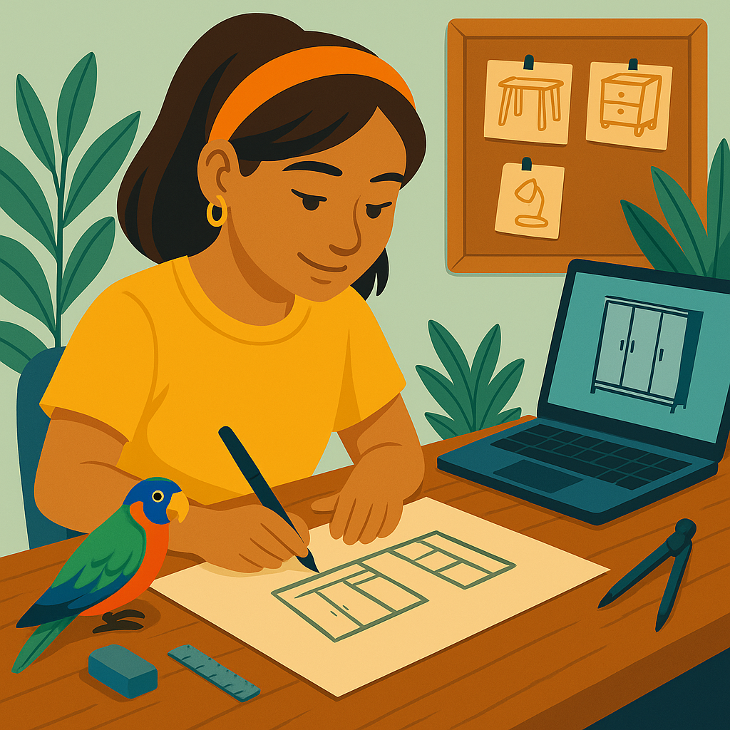 Designer sketching a furniture piece at her desk with a lorikeet watching